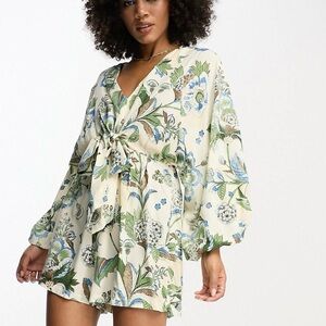 💙🌴 ASOS River Island puff sleeve tie waist romper in cream floral